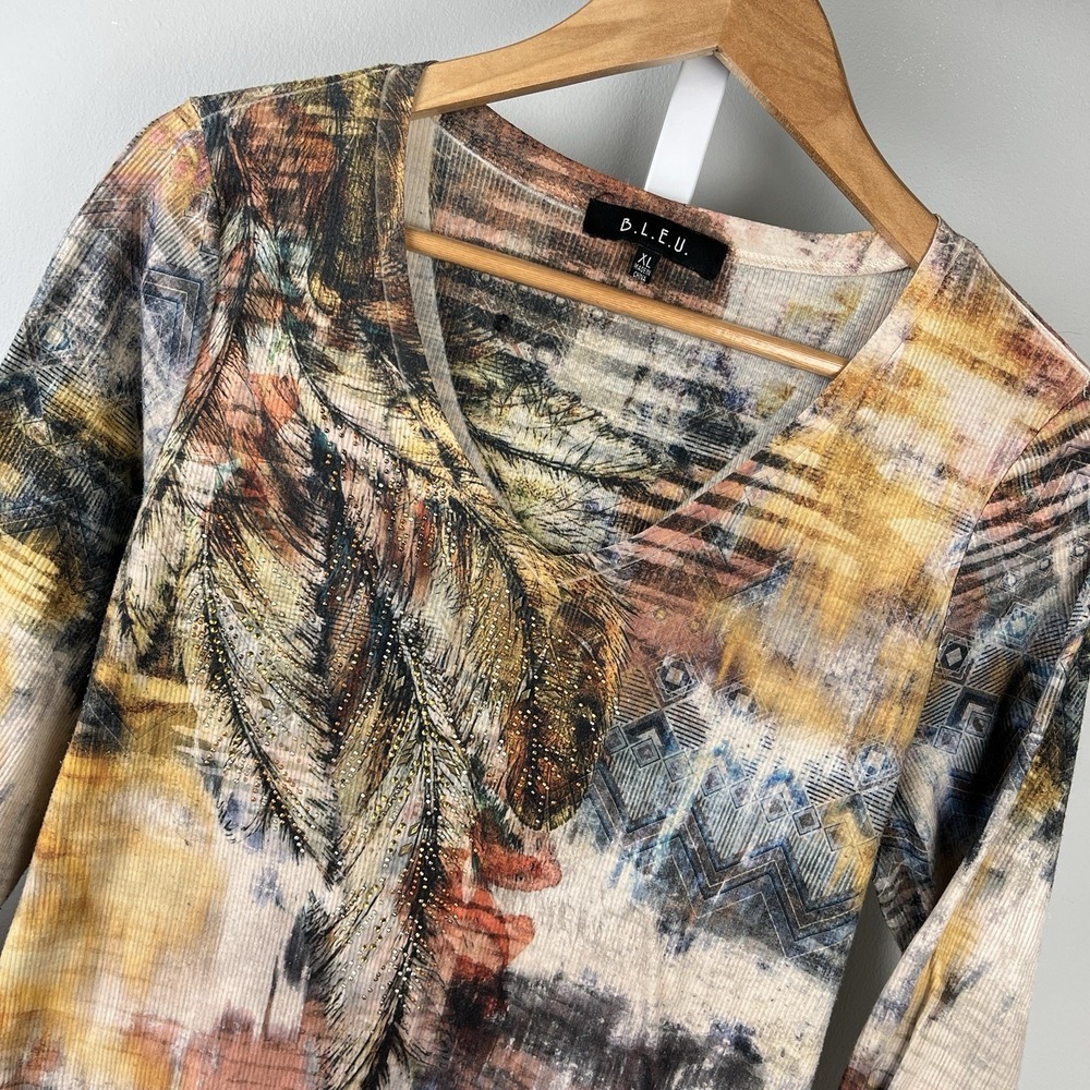 BLEU Embellished Y2K Top Womens XL Native American Feather Shirt Casual